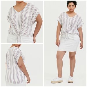 Torrid Stripe Tie Front Short Sleeve Dolman Top White Purple Grey